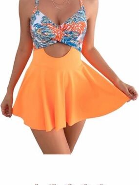 New Bathing Suit One Pc Orange Twist Skirt Floral M Med